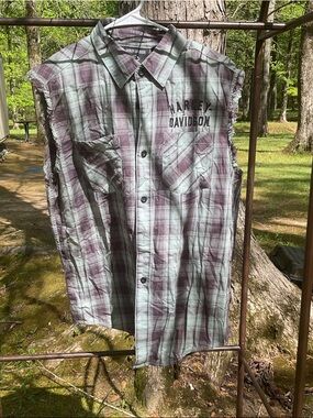 Harley-Davidson Men’s Mint Green & Purple Plaid Sleeveless Button-Down Shirt